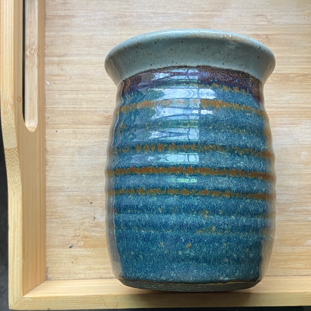 Handcrafted Ceramic Utensil Holder in Blue and Cream